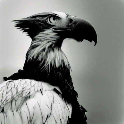 Prompt: close-up shot of a eagle wearing hoodie in 80s, funny, Polaroid photo, by Warhol