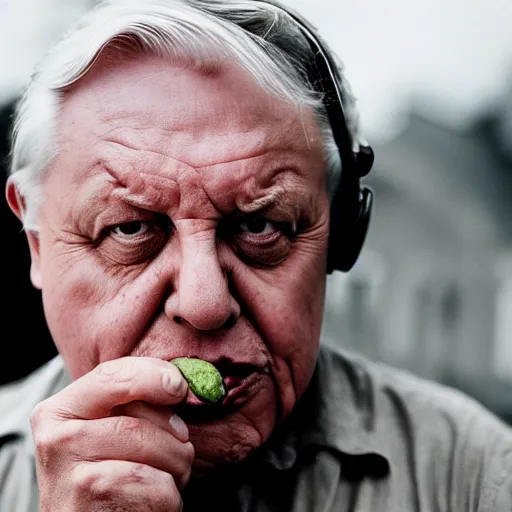 Image similar to angry david attenborough with shotgun, extreme detail, studio light, photorealistic, gritty, movie still, cinematic, bruised face, soft focus, well edited, 8 k, atmospheric, cigar,