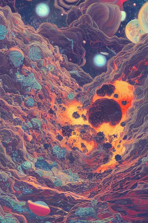 Image similar to The destruction of the Universe, Planets crashing, highly detailed, Digital painting, Refreshing, Trending on Artstation, Illustration by James Jean