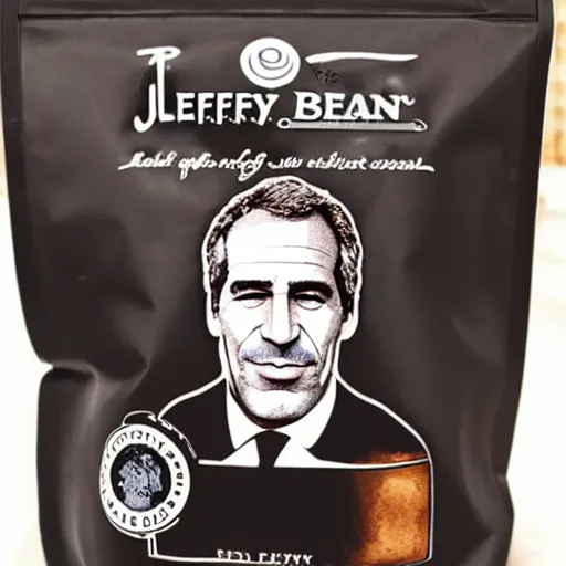 Image similar to A bag of coffee beans with Jeffrey Epstein depicted on the front