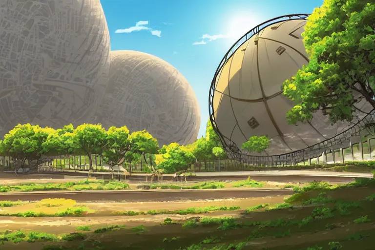 Prompt: a big factory with a spherical architecture designed by boeing military on a hill in a beautiful landscape of the french countryside during spring season, painting by toei animation backgrounds hd and city hunter anime backgrounds hd and a few vector illustration touch, nice lighting, soft and clear shadows, low contrast, perfect