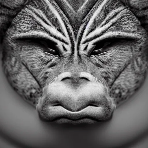 Prompt: symmetrical, close up face portrait of a Pokémon, scowling, studio lighting, depth of field, photography, black and white, highly detailed