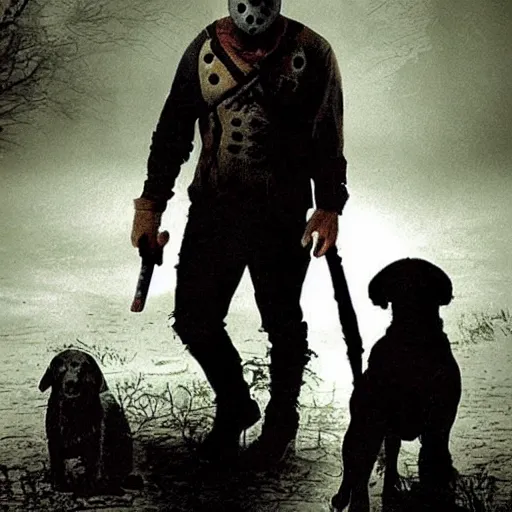 Image similar to Jason Voorhees and dog