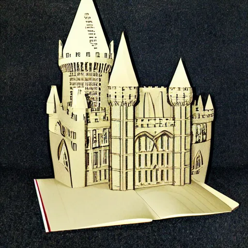 Image similar to intricate cut paper sculpture of hogwarts castle in a book