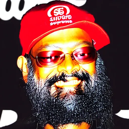 Image similar to osho wearing a supreme cap and smiling with grillz