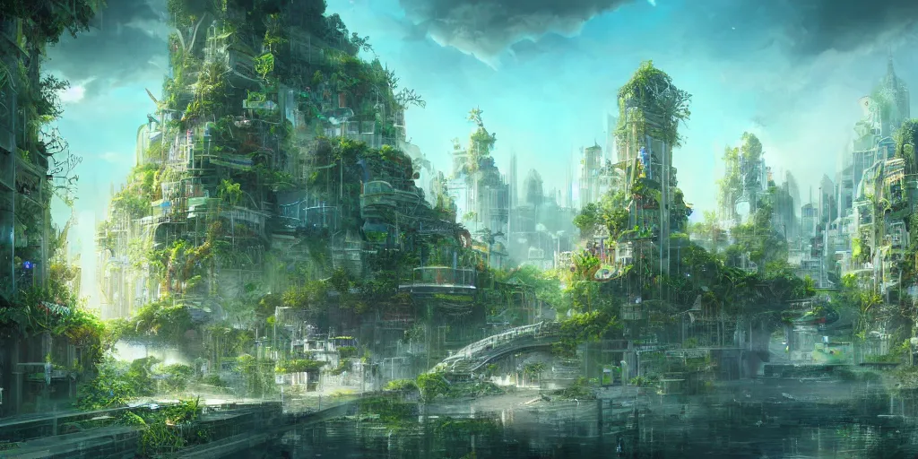 Prompt: a utopian city, filled with fauna, with building floating around everywhere, building cover with plant, dynamic lighting, fantasy concept art, trending on art station, stunning visuals, creative, cinematic, ultra detailed