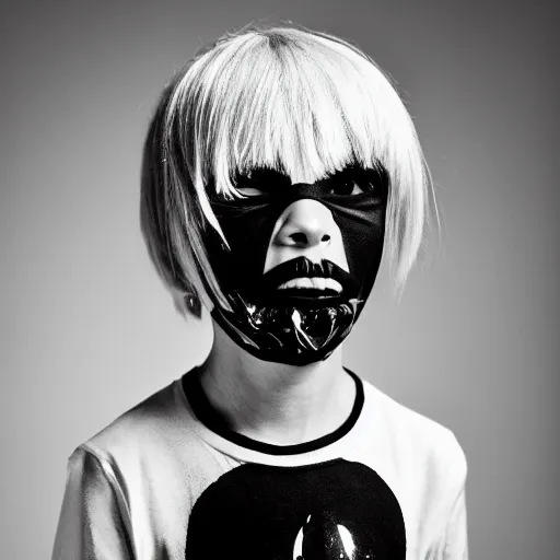 Image similar to the face of punk rock alien at 5 years old wearing balenciaga clothing, black and white portrait by julia cameron, chiaroscuro lighting, shallow depth of field, 8 0 mm, f 1. 8