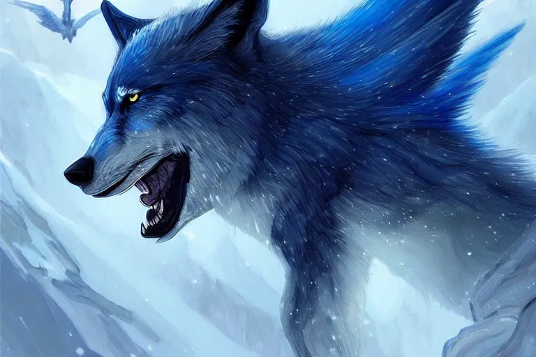 Image similar to blue wolf with wings, facing front, regal, elegant, winter, snow, beautiful, stunning, hd, illustration, epic, d & d, fantasy, intricate, elegant, highly detailed, digital painting, artstation, concept art, smooth, sharp focus, illustration, wallpaper, art by artgerm and greg rutkowski and alphonse mucha and jin xiaodi