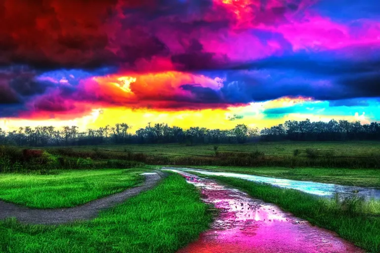 Prompt: Under a technicolor sky, with rain, saturated, 4k landscape