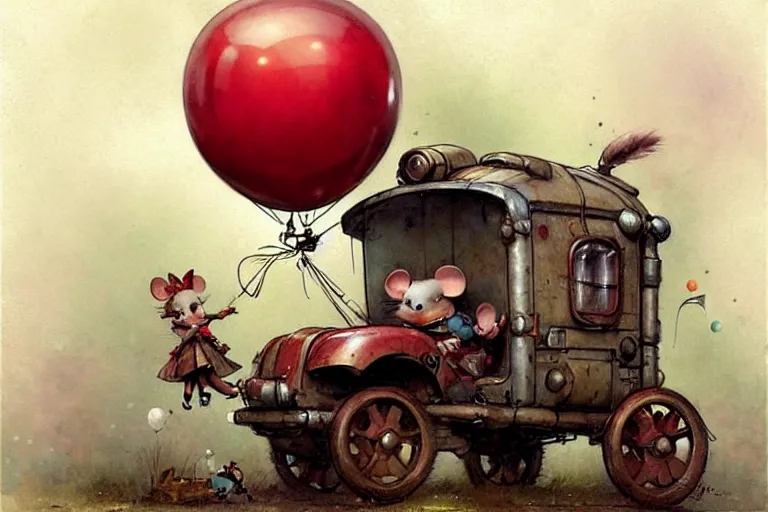 Image similar to adventurer ( ( ( ( ( 1 9 5 0 s retro future robot mouse balloon birthday party wagon house. muted colors. ) ) ) ) ) by jean baptiste monge!!!!!!!!!!!!!!!!!!!!!!!!! chrome red