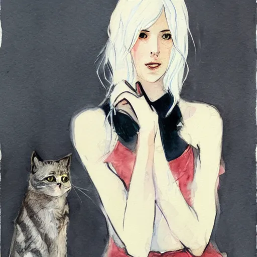 Prompt: Ciri holding a cat, art, minimalistic painting, watercolor on paper, high quality, by Berthe Morisot, by Conrad Roset, trending on artstation