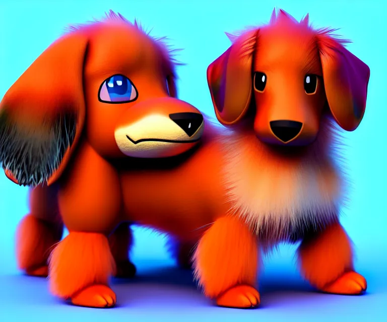 Image similar to high quality 3 d render hyperrealist very cute fluffy dachshund - pokemon, plush mascot, long spiky fluffy smooth hair, photo from the side, multi colors, vivid colors, vray, smooth background, artstation, ultra detailed