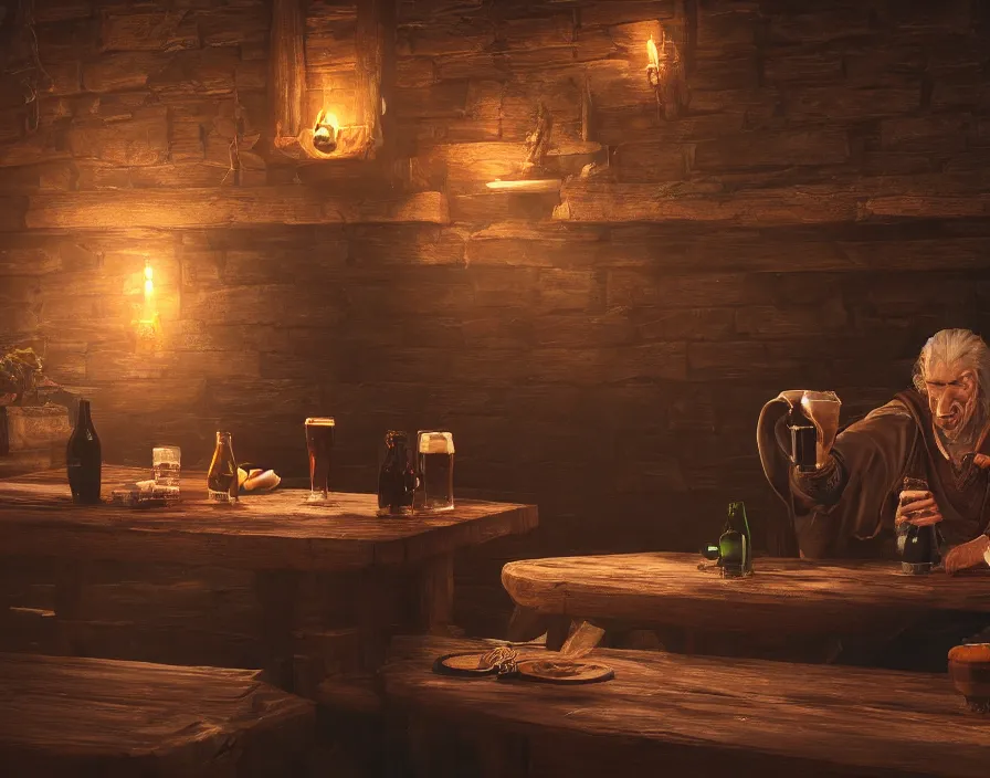 Image similar to old sage wizard drink beer from wooden cup in fantasy tavern, beautiful texture, beautiful graphics, fantasy artwork, very beautiful scenery, hd, hdr, ue 5, ue 6, unreal engine 5, cinematic 4 k wallpaper, 8 k, ultra detailed