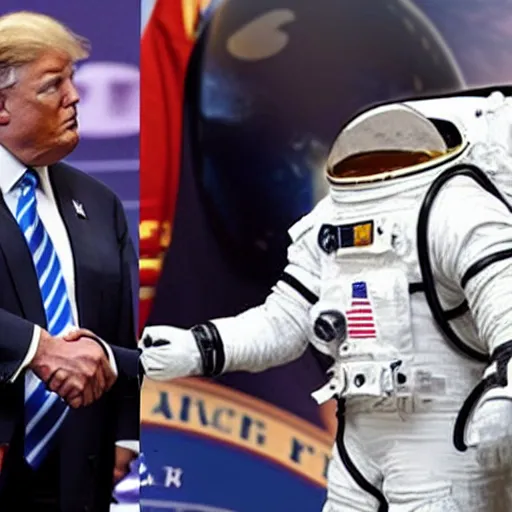 Image similar to astronaut cat shaking hands with donald trump
