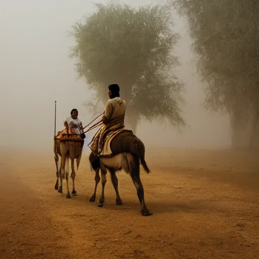 Image similar to an Arab riding a donkey and travelling to the Heavens, foggy vibe