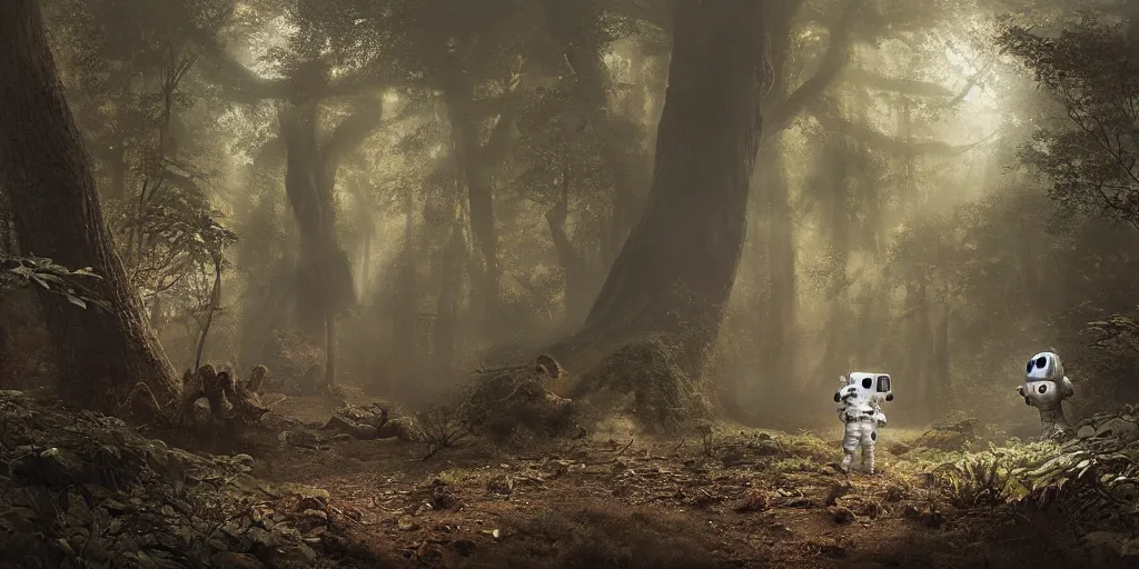 Prompt: an astronaut comes a across a strange furry creature in a forest, a detailed matte painting by frieke janssens, featured on cgsociety, fantasy art, matte painting, reimagined by industrial light and magic, matte drawing