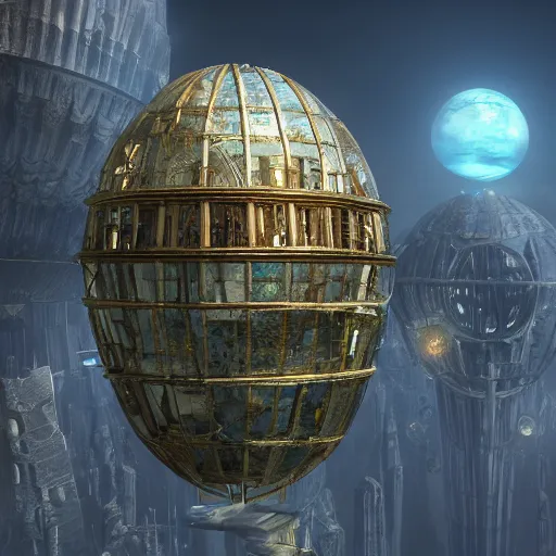 Image similar to enormous flying city in a faberge egg, sky, steampunk, fantasy art, masterpiece, hugh ferriss, unreal engine 5, peder balke