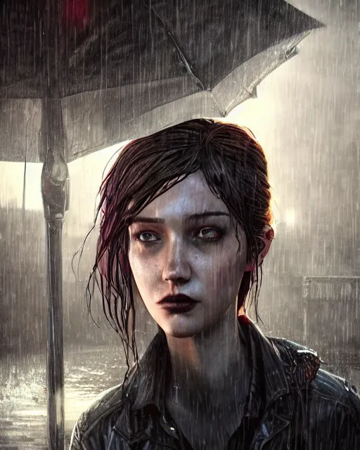 Image similar to An epic fantasy comic book style portrait painting of a very beautiful imposing Industrial goth Ellie (The Last of Us) in the rain, wet hair, neon reflections, character design by Mark Ryden and Pixar and Hayao Miyazaki, unreal 5, DAZ, hyperrealistic, octane render, cosplay, RPG portrait, dynamic lighting, intricate detail, cinematic