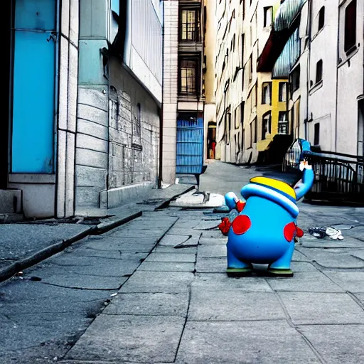 Image similar to Doraemon homeless and depressed, playing guitar on an empty city street during the day