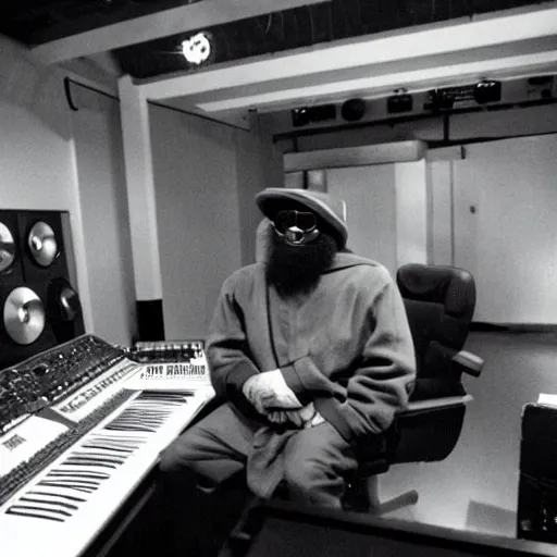 Prompt: MF DOOM and Beatles recording in a studio, 2000's, Kodak 5219