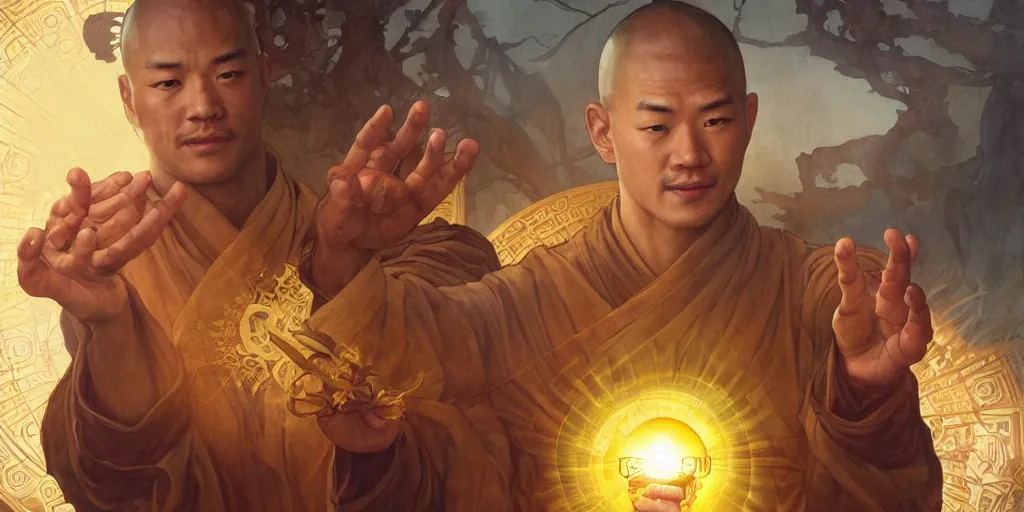 Prompt: shaolin monks holding an orbs of light. fantasy, digital painting, golden hour, 8 k, highly detailed. realistic award, disney concept art, watercolor splash, illustration by mandy jurgens, alphonse mucha hidari and wlop and greg rutkowski