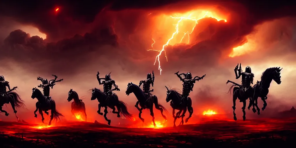 Image similar to ”four horsemen of the apocalypse riding skeleton horses towards the camera [epic, cinematic, scary, intimidating, horror, war, battle, hell, storm clouds, lightning, octane render, 8k, mattepainting, art by wlop and paul lehr and greg rutkowski]”