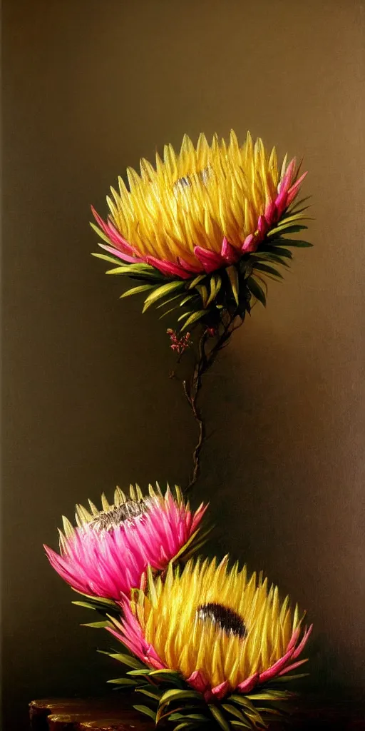 Prompt: detailed pink and yellow protea pincushions against a black backdrop by thomas cole, detailed brush strokes, oil painting, artstation