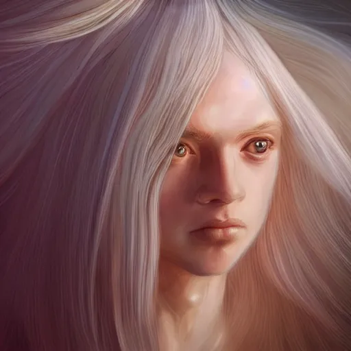 Prompt: Portrait of an androgynous blond prince in a beautiful world, pale milky white skin and long fluffy curly blond hair, symmetrically center parted curtain bangs, intricate, elegant, fantasy, highly detailed, digital painting, concept art, Junji Ito, sharp focus, illustration, beautiful volumetric lighting, epic light, artstation, magic hour lighting, colorful, sunshine, springtime, art by Sylvain Sarrailh