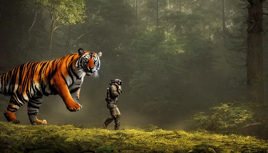 Image similar to american astronaut in the forest riding a bengal tiger, plants environment, wide angle, cinematic lighting, atmospheric, ultrarealistic, trending on artstation, cgsociety, highly detailed, color graded, in the style of craig mullins, rendered in Unreal Engine 4k HQ, shadow of the tomb rider