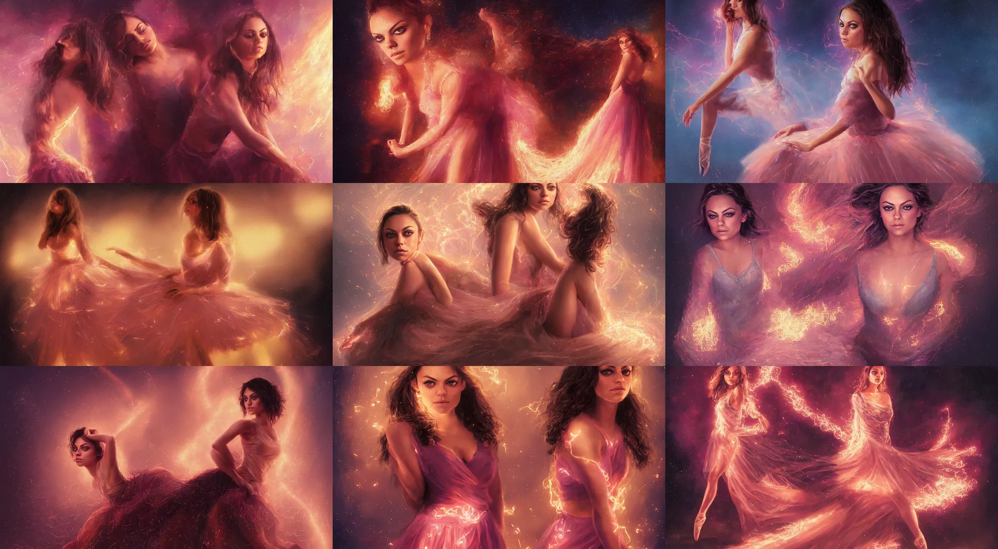 Image similar to full body portrait of ballet mila kunis, bangs, blue eyes, sultry expression, golden hair, sultry smirk, pink skirt, electrical, intricate, elegant, glowing fireflies, highly detailed, wlop, mars ravelo, greg rutkowski