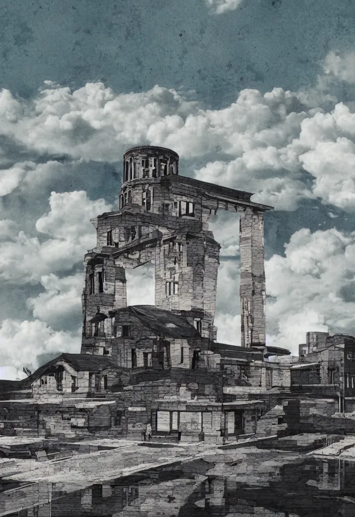 Image similar to sightseeing in hiroshima japan, picturesque view of the atomic bomb dome memorial ruin, a photo collage detailed painting, in the style of wes anderson, lola dupre, david hockney, rene magritte, isolated on negative white space background, dark monochrome with neon airbrush accents, volumetric octane render