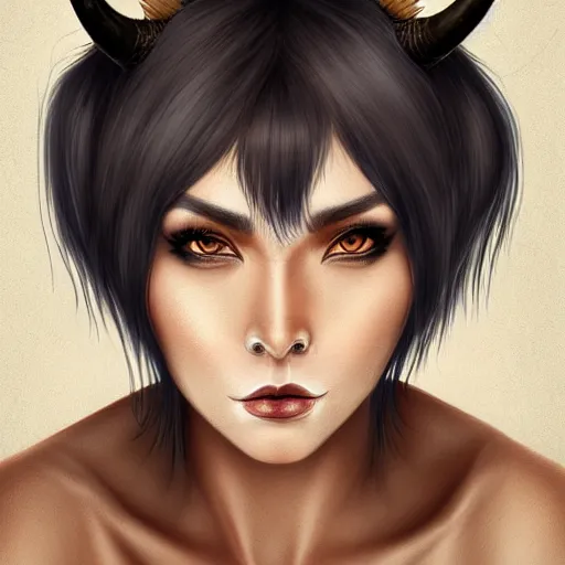 Image similar to illustrated realistic portrait of prong-horned devil woman with blue bob hairstyle and her tan colored skin and with solid black eyes wearing leather by rossdraws