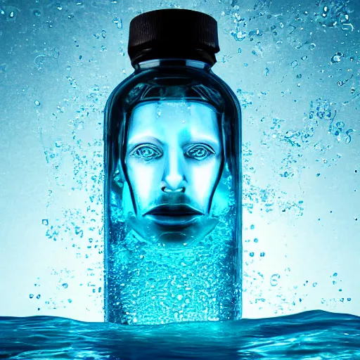 Image similar to water artwork in the shape of a human head stuffed in a bottle, on the ocean water, futuristic, glowing, gradient, hyper realistic, ray tracing, realistic water, sharp focus, long shot, 8 k resolution, cinematic, photoshop water art