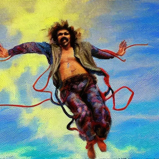 Image similar to egyptian man with curly hair, skydiving without a parachute, pastel clouds, impressionist painting, figurative painting, intricate details, happy