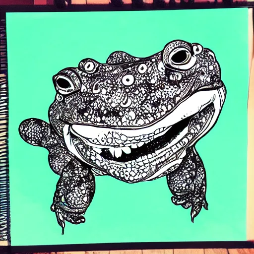 Image similar to deep camouflage angry toad evil eyes poking out eyes from under the water ultra sharp blur background simple background deep brown psychedelic contour ink drawing