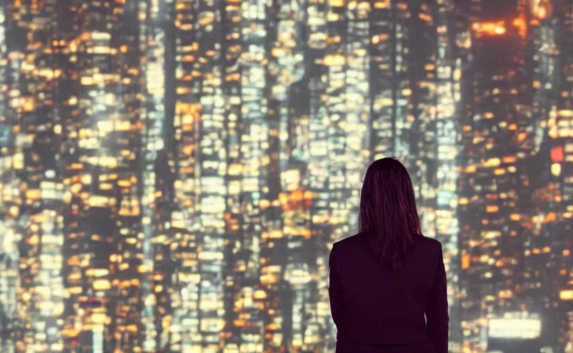 Image similar to a wide shot of a woman with a wool suit, blurred face, wearing an omega speedmaster on her wrist in front of a crowded dystopian city at night with cyberpunk lights