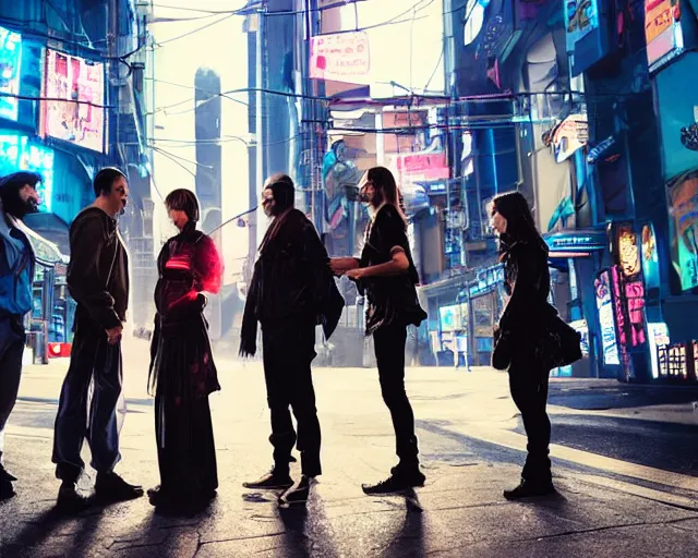 Image similar to group of people standing on a street corner in a cyberpunk city
