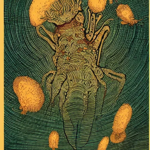 Image similar to small unknown creature releasing spores from appendages on it's back, on ancient paper, victo ngai