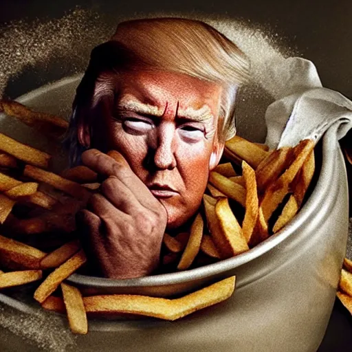 Image similar to Annie leibovitz portrait of Donald Trump, clothed, crying in a bathtub full of French fries