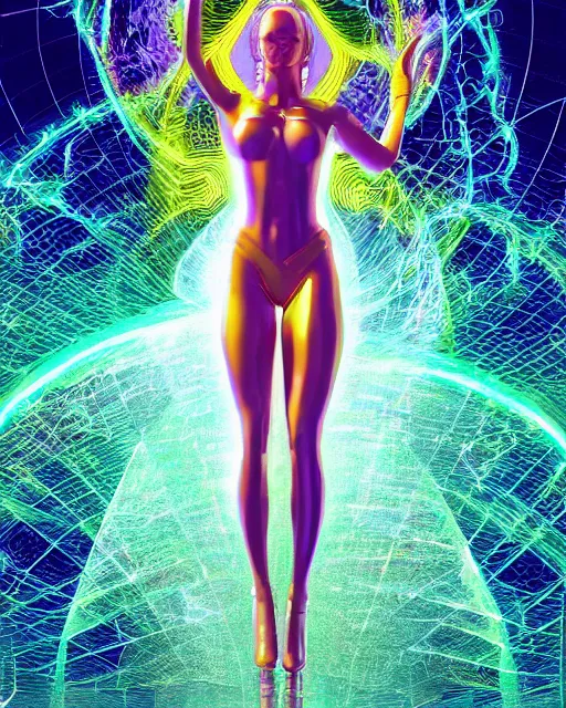 Image similar to a powerful energy holographic matrix woman, by alexander fedosav, hyper detailed digital matte painting, concept art, hyperrealism, 1 6 k resolution, cinema 4 d, 8 k resolution, trending on artstation, behance hd, a masterpiece, by stephan martiniere, particles, cel - shaded, power bright neon energy, by david a. hardy,