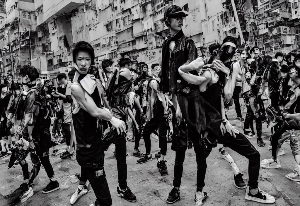 Image similar to fashion editorial in hong kong riot.