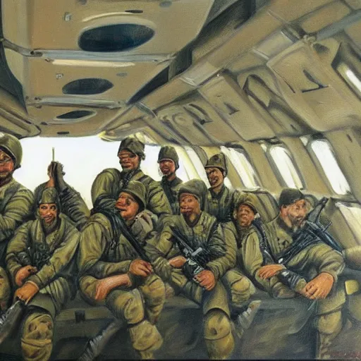 Prompt: an award winning painting of soldiers sitting inside a plane on their way to the battlefield, an emotionless look on their faces