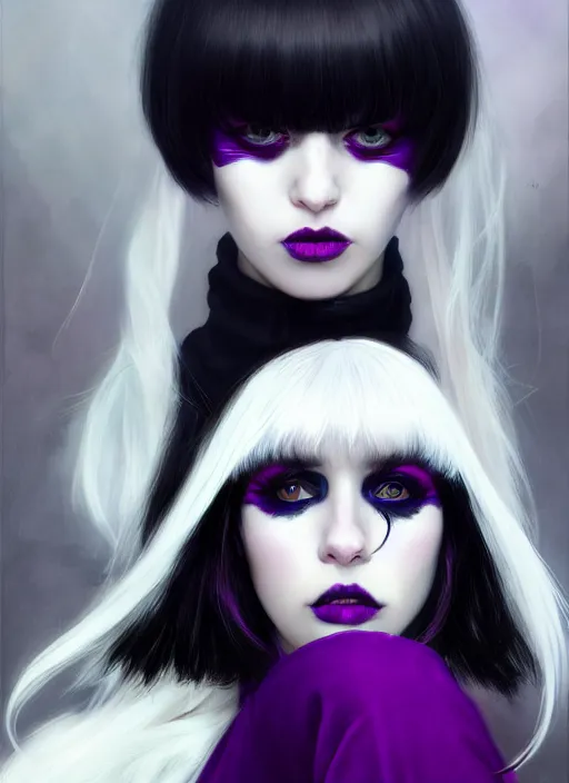 Image similar to portrait of white teenage girl, normal face, white bangs, mall goth, cyberlox, black and white hair, bangs, fluffy bangs, red contact lenses, purple lipstick, intricate, elegant, highly detailed, digital painting, artstation, concept art, sharp focus, smooth, illustration, art by wlop, mars ravelo and greg rutkowski