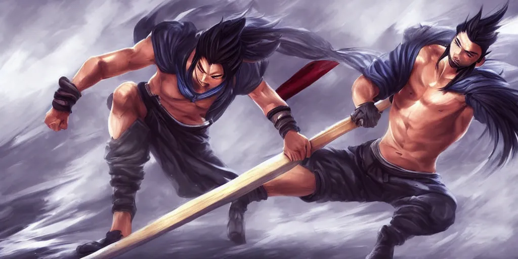 Image similar to Yasuo from League of Legends doing sit-ups, photorealistic, highly detailed, exercise