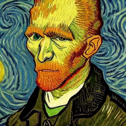 Prompt: handsome squidward portrait, van gogh art style, strong chin, big mouth