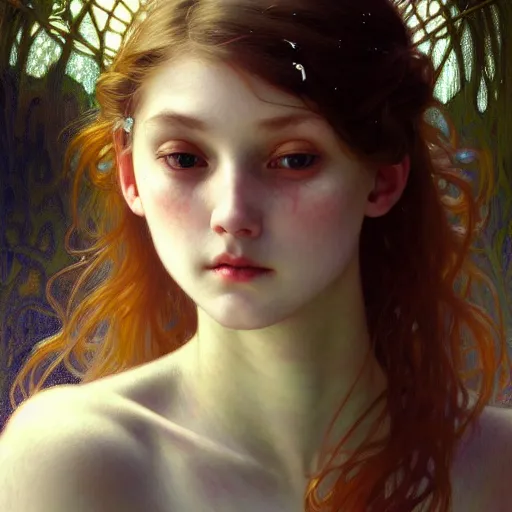 Image similar to portrait of an innocent girl manifesting eternity in a blink, face, fantasy, intricate, elegant, dramatic lighting, highly detailed, lifelike, photorealistic, digital painting, artstation, concept art, smooth, sharp focus, illustration, art by John Collier and Krenz Cushart and Artem Demura and Alphonse Mucha and and Albert Aublet