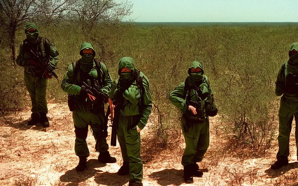 Prompt: a team of five people in dark green tactical gear like stalker, look at an oasis in the distance. They 're afraid. dusty, red, mid day, heat shimmering, color, 35mm film