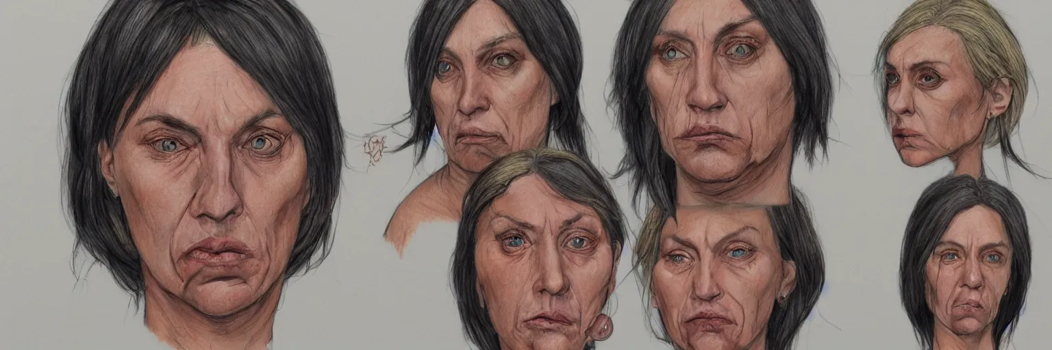 Prompt: colored pencils female character face study of iggy pop, fat woman, 5 5 yo, clear female iggy pop faces, emotional, character sheet, fine details, concept design, contrast, kim jung gi, pixar and da vinci, trending on artstation, 8 k, 3 6 0 head, turnaround, front view, back view, ultra wide angle