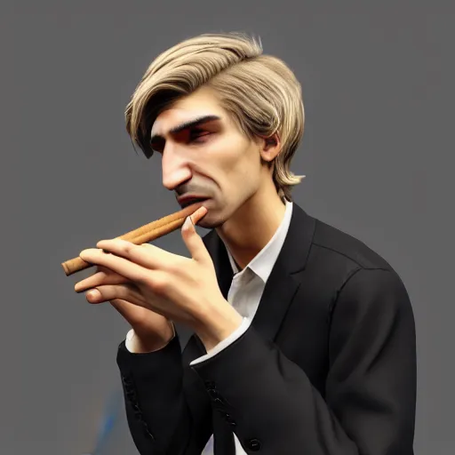 Image similar to a high quality photo of xqc smoking a cigar, 3d scene, render, ultra realistic, artstation, cgsociety