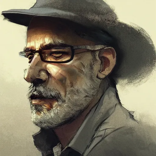 Image similar to portrait of a 55 year old man with short gray hair and a round gray beard, wearing a checkered shirt and a wide brimmed hat, dramatic lighting, illustration by Greg rutkowski, yoji shinkawa, 4k, digital art, concept art, trending on artstation